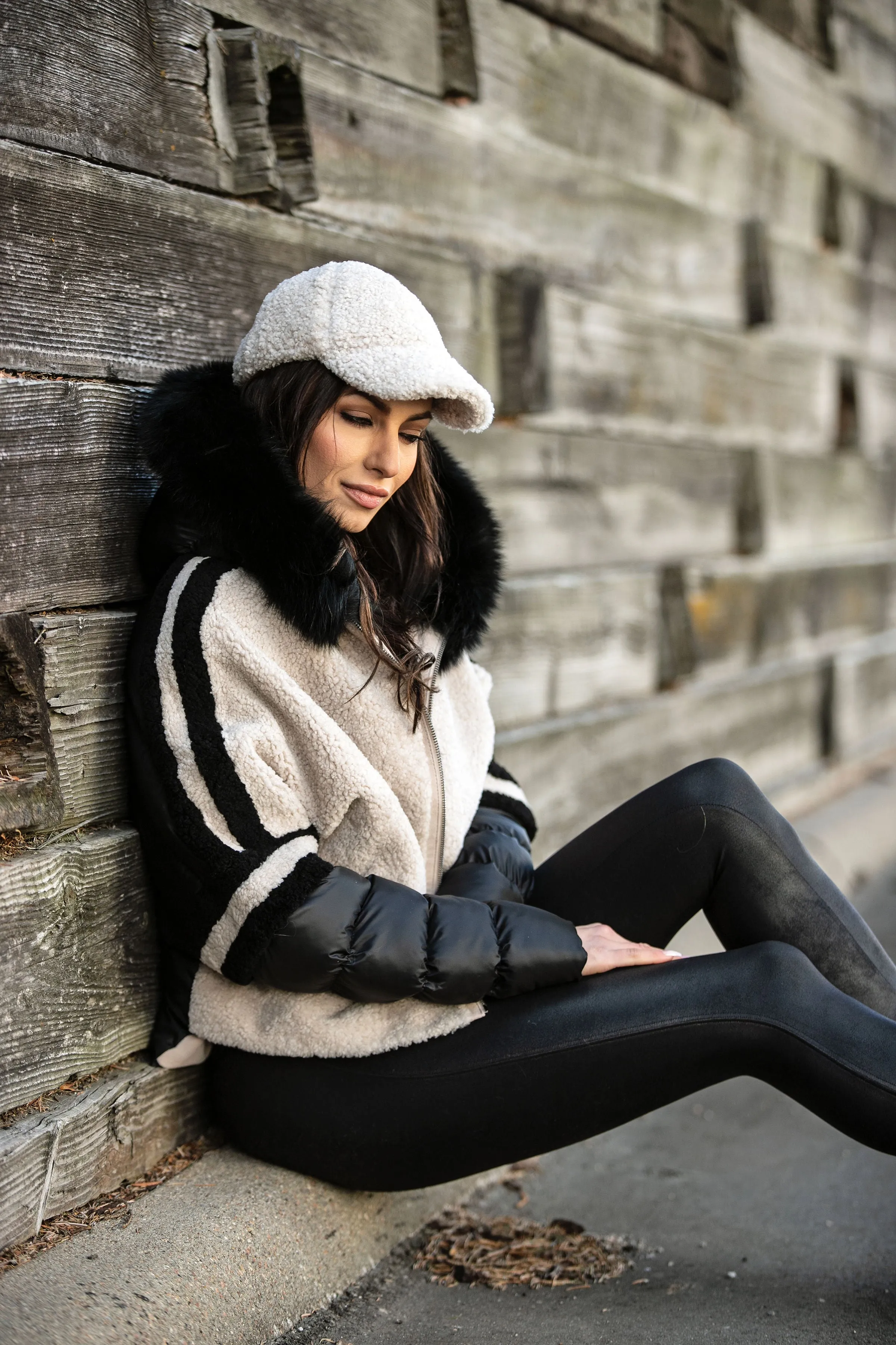 Black and Cream Lamb Jacket W/ Fox Trim