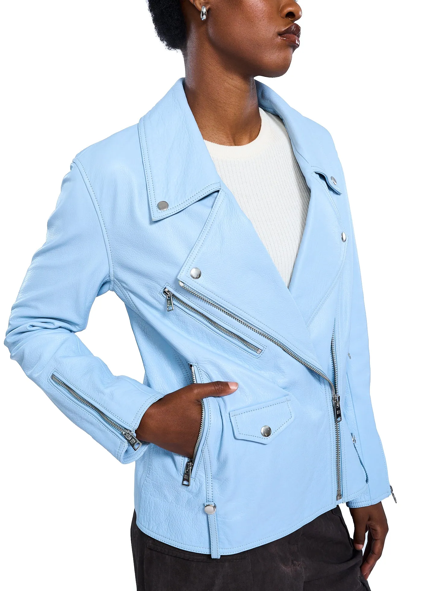VIAVIA Genuine Leather Oversized Moto Jacket in Clear Sky