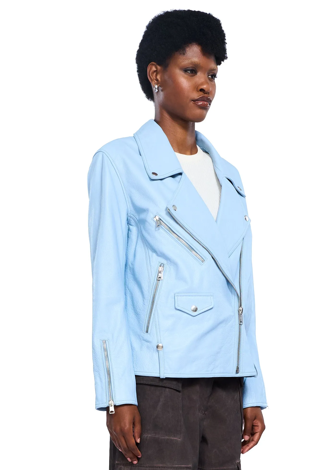 VIAVIA Genuine Leather Oversized Moto Jacket in Clear Sky