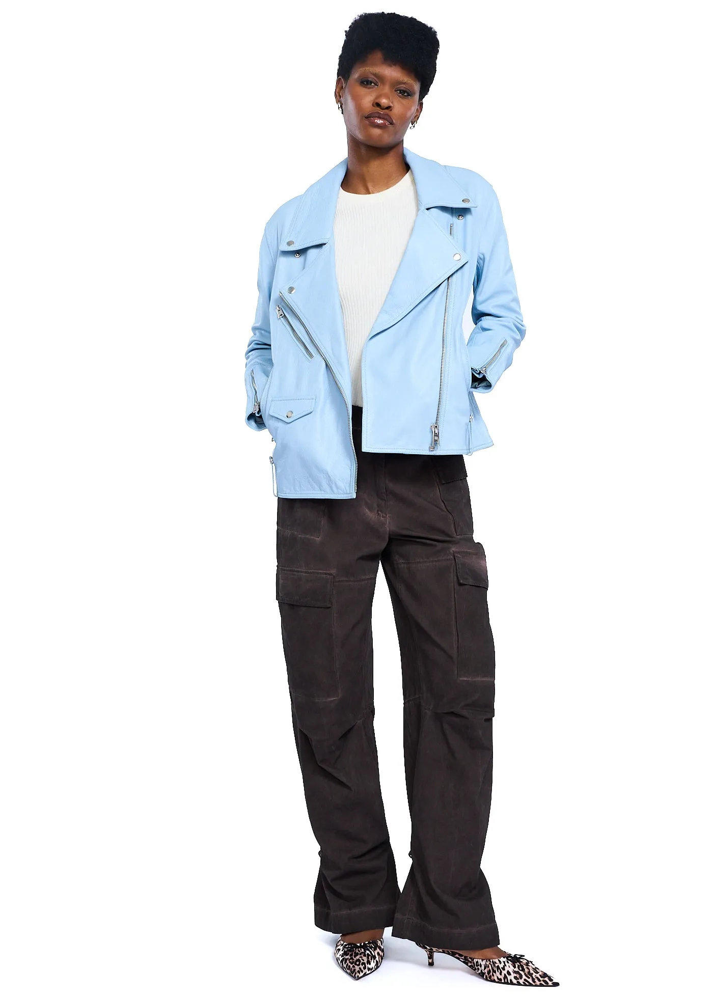 VIAVIA Genuine Leather Oversized Moto Jacket in Clear Sky