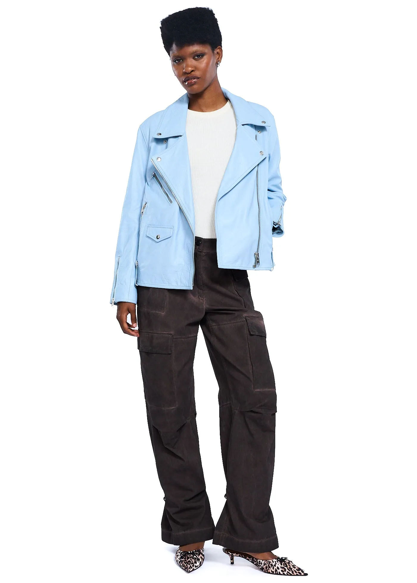 VIAVIA Genuine Leather Oversized Moto Jacket in Clear Sky
