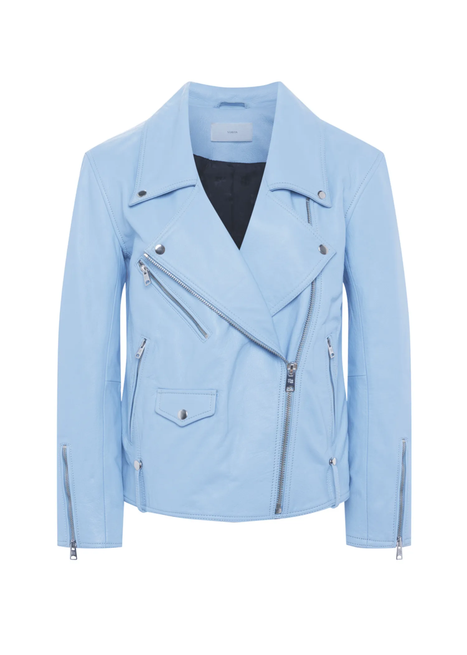 VIAVIA Genuine Leather Oversized Moto Jacket in Clear Sky