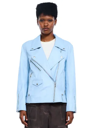 VIAVIA Genuine Leather Oversized Moto Jacket in Clear Sky